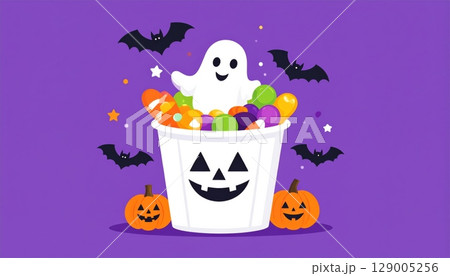 Scary Halloween pumpkins with witch illustrations and jack-o-lanterns isolated on a white background for autumn celebration 129005256