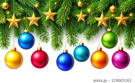 Colorful Christmas ornaments hanging from a pine branch, with a green background 129005261