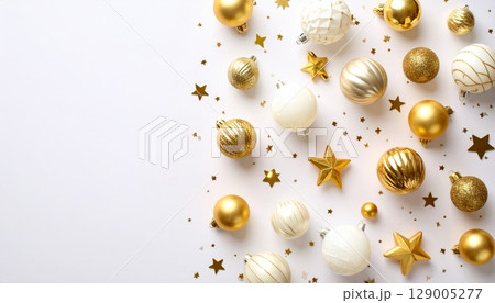 Shiny golden Christmas balls, festive holiday decorations for a seasonal celebration, isolated on a white background Shiny golden Christmas balls, festive holiday decorations for a seasonal celebration, isolated on a white background 129005277