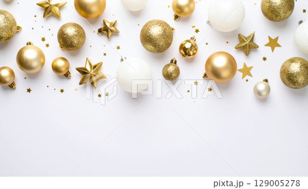 Shiny golden Christmas balls, festive holiday decorations for a seasonal celebration, isolated on a white background Shiny golden Christmas balls, festive holiday decorations for a seasonal celebration, isolated on a white background 129005278
