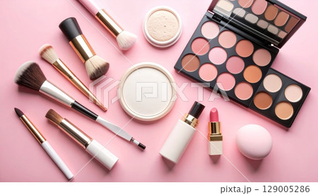 Pink glamour lipstick, eyeshadow, and cosmetic brushes, with a powder brush and a mirror accessory Pink glamour lipstick, eyeshadow, and cosmetic brushes, with a powder brush and a mirror accessory 129005286