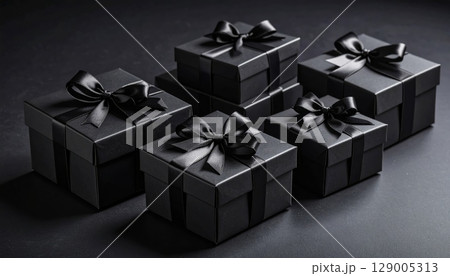 Wrapped in a red ribbon and bow, a festive black gift box sits isolated on a dark background, perfect for a surprise birthday or holiday present 129005313