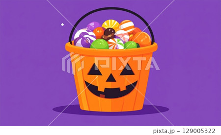 An autumn still life with a fun, smiling carved jack-o-lantern and a pile of spooky candy corn 129005322