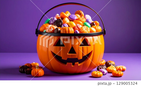 An autumn still life with a fun, smiling carved jack-o-lantern and a pile of spooky candy corn 129005324