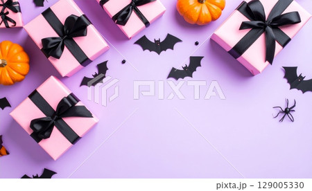 Happy halloween background with pumpkins, bats, and autumn leaves Happy halloween background with pumpkins, bats, and autumn leaves 129005330