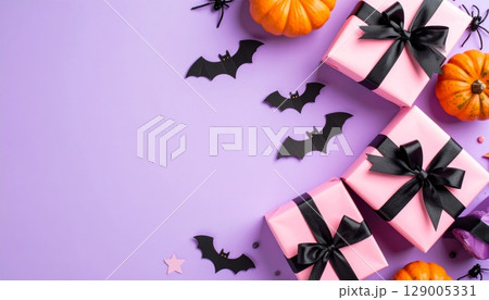 Happy halloween background with pumpkins, bats, and autumn leaves Happy halloween background with pumpkins, bats, and autumn leaves 129005331
