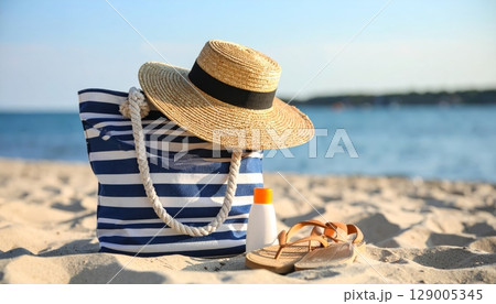 Tropical relaxation with a straw hat and sunglasses on the sandy beach Tropical relaxation with a straw hat and sunglasses on the sandy beach 129005345