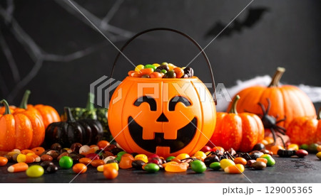 Scary carved pumpkin jack-o-lantern with an evil face, a spooky Halloween decoration for the autumn season 129005365