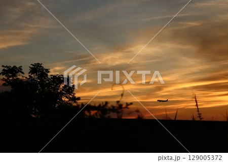 オレンジ色が美しい日暮れに飛行機が飛んでいる様子 オレンジ色が美しい日暮れに飛行機が飛んでいる様子 129005372