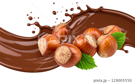 Healthy filbert hazelnuts, a natural and organic snack, grouped with chocolate, are isolated on a white background 129005550