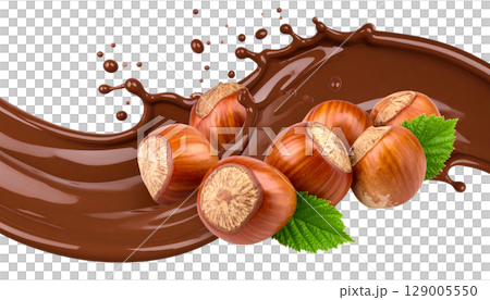 Healthy filbert hazelnuts, a natural and organic snack, grouped with chocolate, are isolated on a white background 129005550