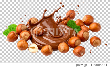 Healthy filbert hazelnuts, a natural and organic snack, grouped with chocolate, are isolated on a white background 129005551