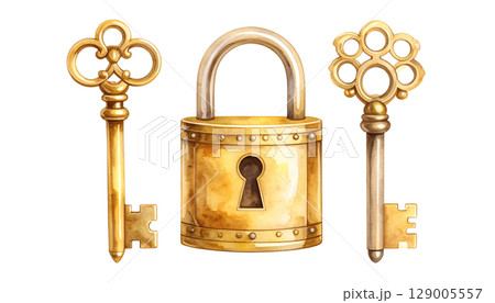 Antique steel padlock with key, a symbol of old-world security 129005557