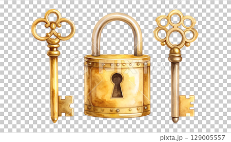 Antique steel padlock with key, a symbol of old-world security 129005557