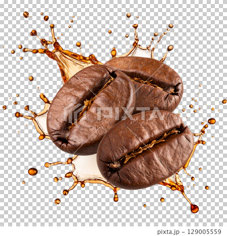 Roasted coffee beans splashing into a red cup, a dark caffeine closeup 129005559