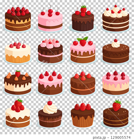 A seamless pattern with a delicious set of vector cupcakes, muffins, and birthday cakes with fruit and cream decorations 129005574