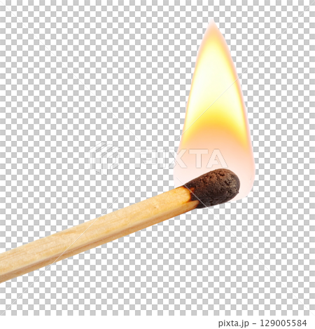 A macro shot captures a bright red and orange flame on a wooden matchstick burning against a clean black background 129005584