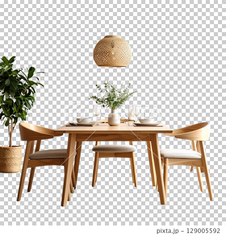 Dining room interior with stylish wooden table and chairs, comfortable and luxury design, nobody inside Dining room interior with stylish wooden table and chairs, comfortable and luxury design, nobody inside 129005592