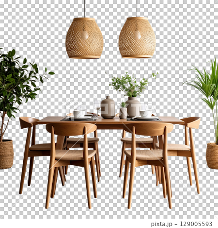 Dining room interior with stylish wooden table and chairs, comfortable and luxury design, nobody inside Dining room interior with stylish wooden table and chairs, comfortable and luxury design, nobody inside 129005593