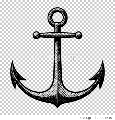 Old heavy steel anchor with a chain and rope, a nautical marine symbol for security and sailing on a white background Old heavy steel anchor with a chain and rope, a nautical marine symbol for security and sailing on a white background 129005630