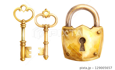 Antique steel padlock with key, a symbol of old-world security 129005657