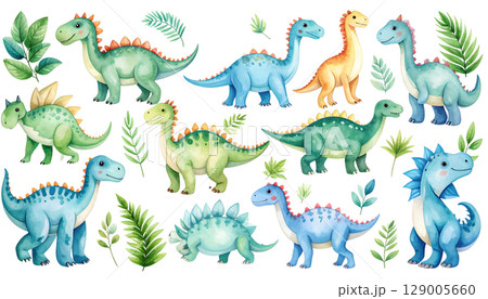 Cute and fun seamless vector pattern with cartoon dinosaur, giraffe, and elephant illustrations 129005660