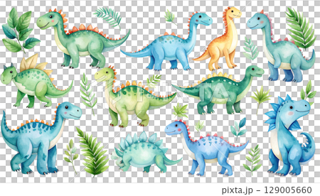 Cute and fun seamless vector pattern with cartoon dinosaur, giraffe, and elephant illustrations 129005660