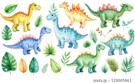 Cute and fun seamless vector pattern with cartoon dinosaur, giraffe, and elephant illustrations 129005661