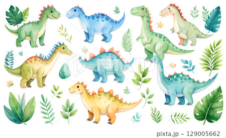 Cute and fun seamless vector pattern with cartoon dinosaur, giraffe, and elephant illustrations 129005662