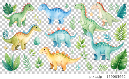Cute and fun seamless vector pattern with cartoon dinosaur, giraffe, and elephant illustrations 129005662