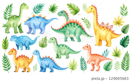 Cute and fun seamless vector pattern with cartoon dinosaur, giraffe, and elephant illustrations Cute and fun seamless vector pattern with cartoon dinosaur, giraffe, and elephant illustrations 129005663