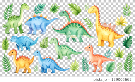 Cute and fun seamless vector pattern with cartoon dinosaur, giraffe, and elephant illustrations Cute and fun seamless vector pattern with cartoon dinosaur, giraffe, and elephant illustrations 129005663