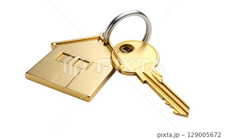 Golden metallic house key with a silver ring isolated on a white background, symbolizing home security and access Golden metallic house key with a silver ring isolated on a white background, symbolizing home security and access 129005672
