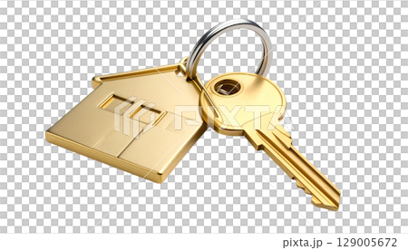 Golden metallic house key with a silver ring isolated on a white background, symbolizing home security and access Golden metallic house key with a silver ring isolated on a white background, symbolizing home security and access 129005672