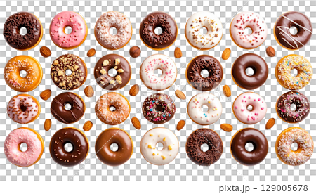 Isolated sweet chocolate donuts, fresh and delicious breakfast pastry snack on a white background Isolated sweet chocolate donuts, fresh and delicious breakfast pastry snack on a white background 129005678