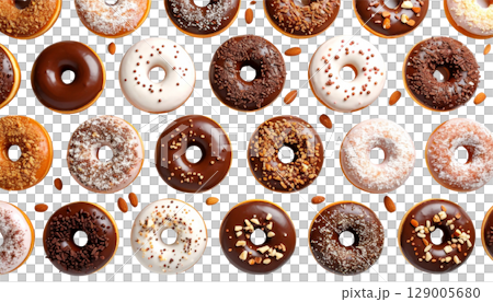 Isolated sweet chocolate donuts, fresh and delicious breakfast pastry snack on a white background Isolated sweet chocolate donuts, fresh and delicious breakfast pastry snack on a white background 129005680