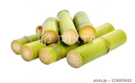 A close-up shot of green asparagus spears, resembling shiny brass rifle cartridges, on a clean white background A close-up shot of green asparagus spears, resembling shiny brass rifle cartridges, on a clean white background 129005682