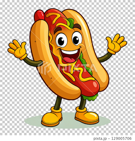 A funny cartoon hot dog character with mustard and ketchup on a bun is a happy fast food vector illustration 129005706