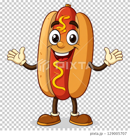 A funny cartoon hot dog character with mustard and ketchup on a bun is a happy fast food vector illustration 129005707