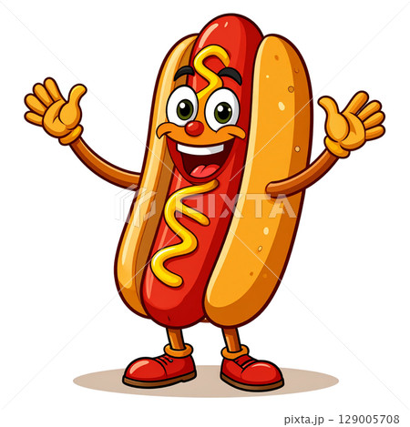 A funny cartoon hot dog character with mustard and ketchup on a bun is a happy fast food vector illustration A funny cartoon hot dog character with mustard and ketchup on a bun is a happy fast food vector illustration 129005708
