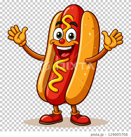 A funny cartoon hot dog character with mustard and ketchup on a bun is a happy fast food vector illustration 129005708