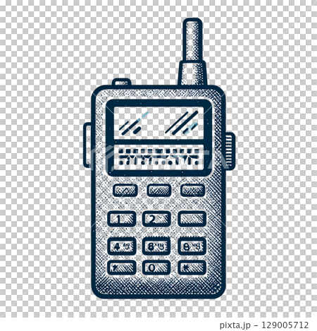 Wireless cellular technology and communication equipment, a black mobile phone with an antenna, a walkie-talkie and buttons, isolated on white 129005712
