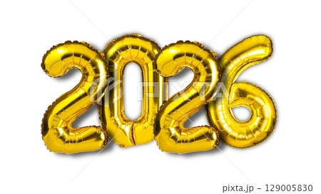 Golden Foil Balloons Forming the Number 2026 Isolated on White Background. Celebration Concept. Golden Foil Balloons Forming the Number 2026 Isolated on White Background. Celebration Concept. 129005830