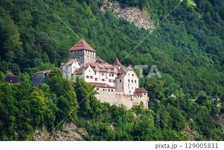 Majestic Medieval Castle Amidst Lush Green Forest in Liechtenstein Alps Scenery Majestic Medieval Castle Amidst Lush Green Forest in Liechtenstein Alps Scenery 129005831