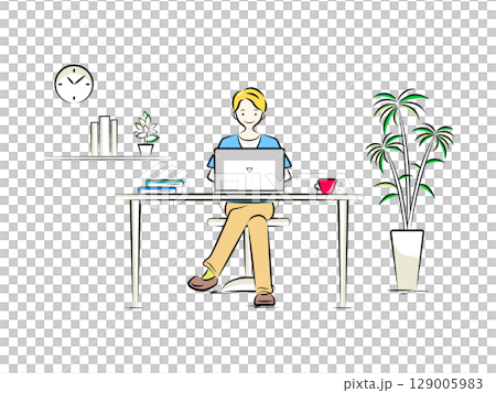 在電腦桌前工作的男商人 | 商業插畫系列 129005983