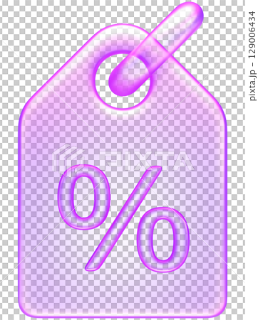 3D discount tag icon in purple translucent glass style, representing sale, offer, promotion, or price reduction 129006434