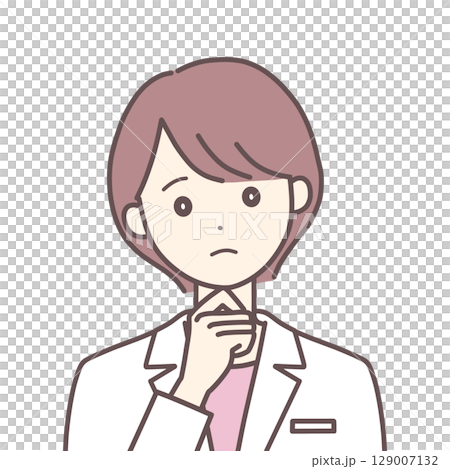 A woman in a white coat thinking 129007132