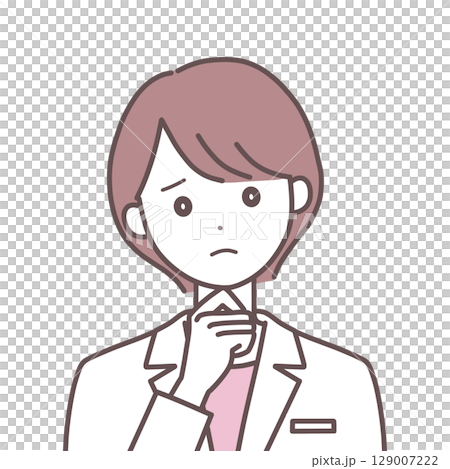 A woman in a white coat with a troubled expression 129007222
