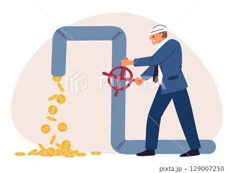 Businessman investor opens water faucet with gold coins. Cash flow. Finance profit. Man turning on pipe valve. Plumbing pipeline. Earnings income. Investment success. Vector concept 129007250