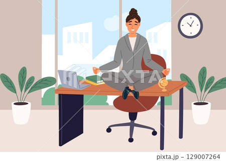 Businesswoman meditates at workplace sitting in lotus pose. Calm and focused on work. Meditation in office. Woman practicing yoga asana on work desk. Harmony balance. Vector concept 129007264